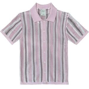 Massive Luxury Mens L Pink Striped Crochet Mesh Knit Polo Shirt Retro Resort